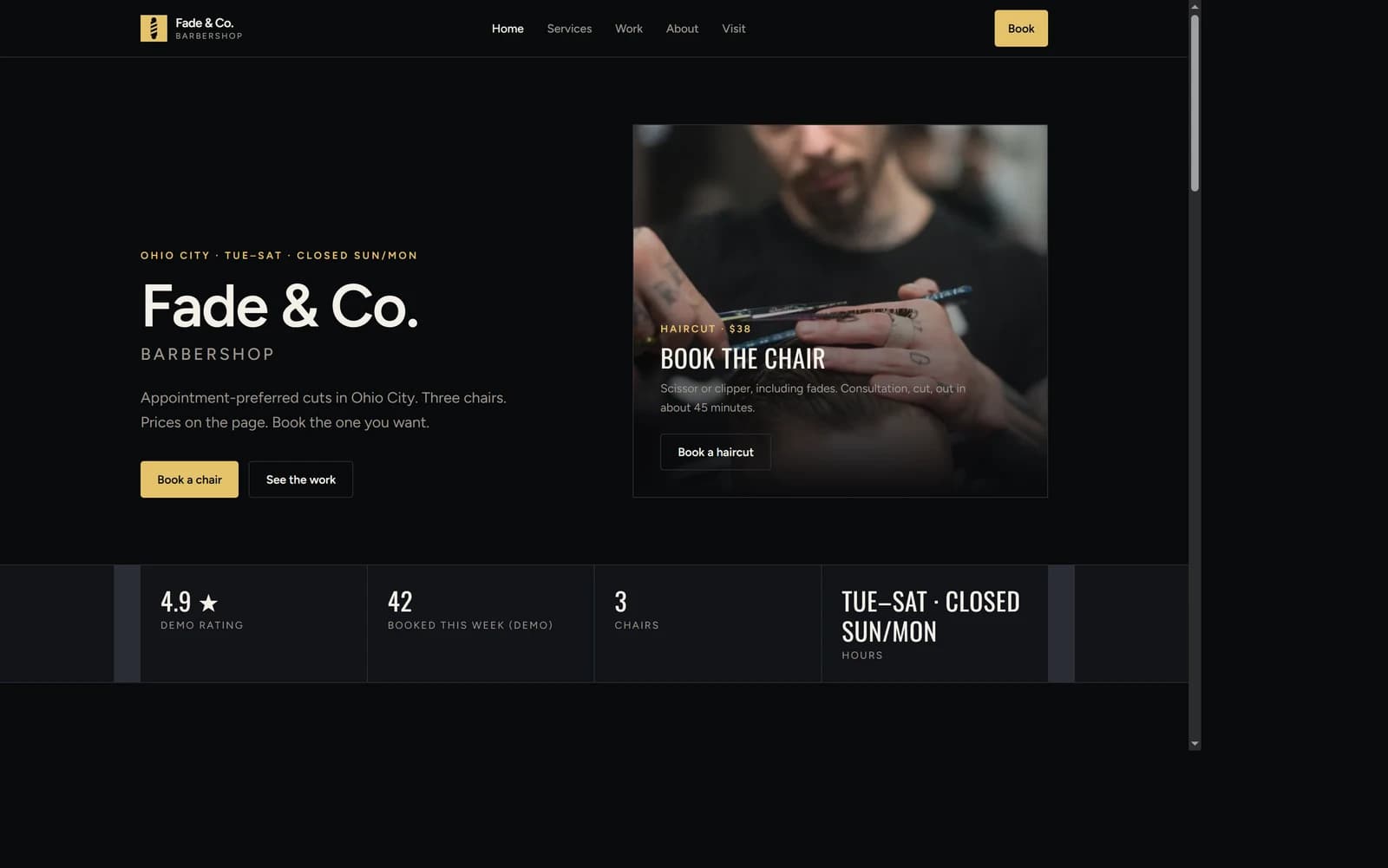 Fade & Co. Barbershop homepage with booking-first layout and shop photography