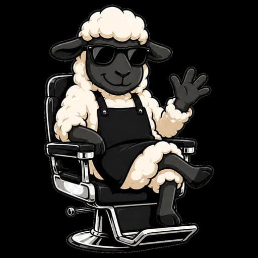ShearBookings mascot — a stylish sheep barber in a classic barber chair